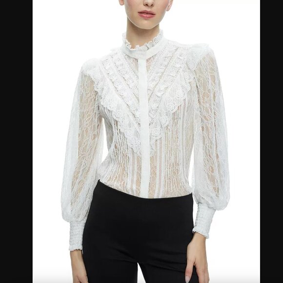 Alice + Olivia | RHEBA MOCK NECK BUTTON FRONT LACE TOP - Picture 5 of 13